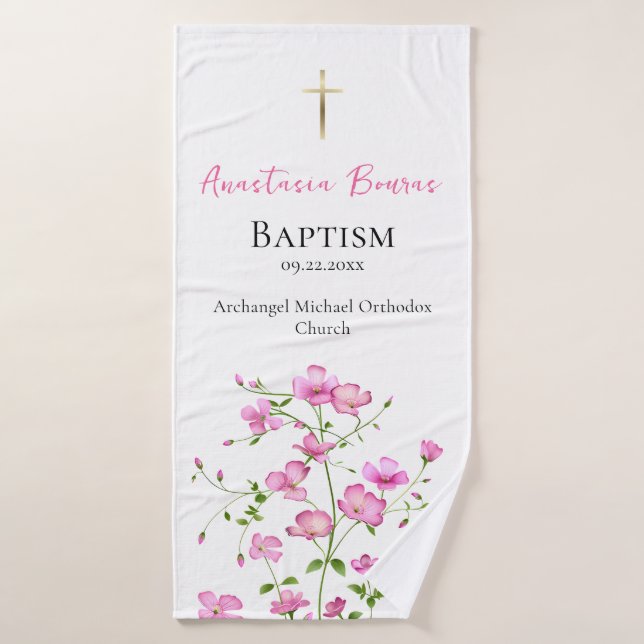 Free-Spirited Pink Flowers Orthodox Baptism Gift   Bath Towel (Bath Towel)