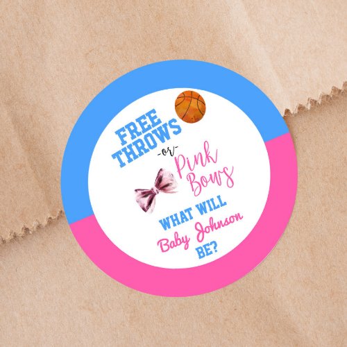 Free Throws or Pink Bows Basketball Gender Reveal Classic Round Sticker