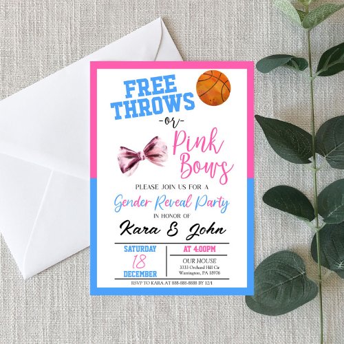 Free Throws or Pink Bows Basketball Gender Reveal Invitation