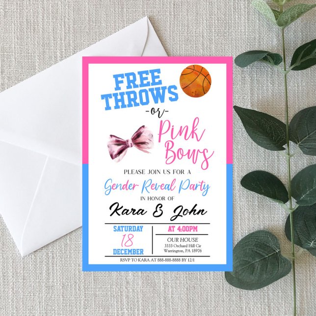 Free Throws or Pink Bows Basketball Gender Reveal Invitation (Creator Uploaded)