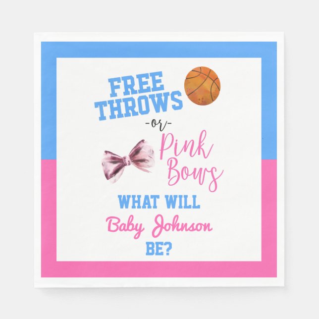 Free Throws or Pink Bows Basketball Gender Reveal Napkins (Front)