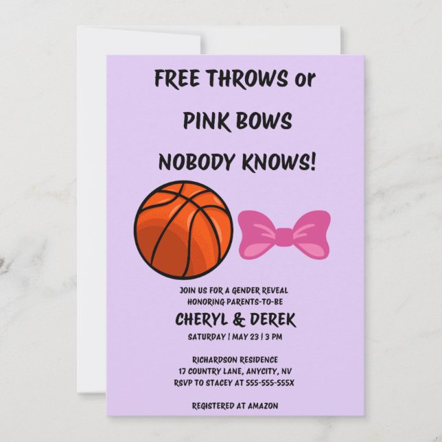 Free Throws or Pink Bows Gender Reveal Party Invitation (Front)