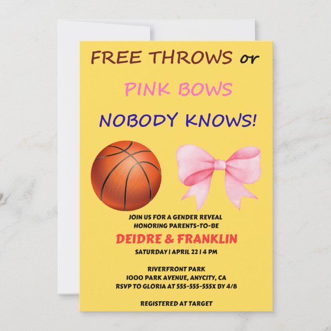 Free Throws or Pink Bows gender reveal party Invitation (Front)