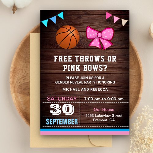 Free Throws or Pink Bows Gender Reveal Party Invitation
