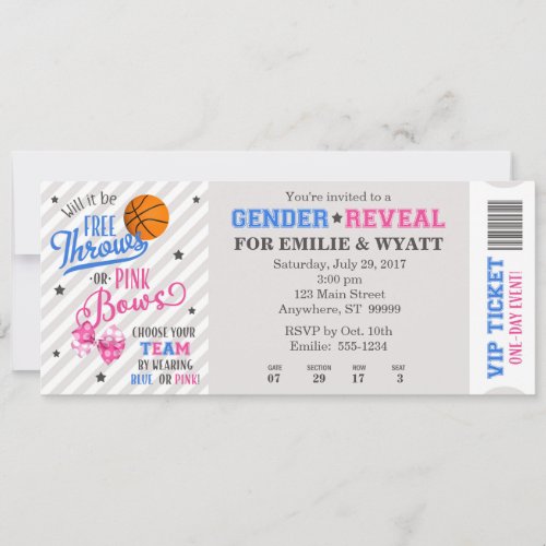 Free Throws or Pink Bows Gender Reveal Ticket Invitation