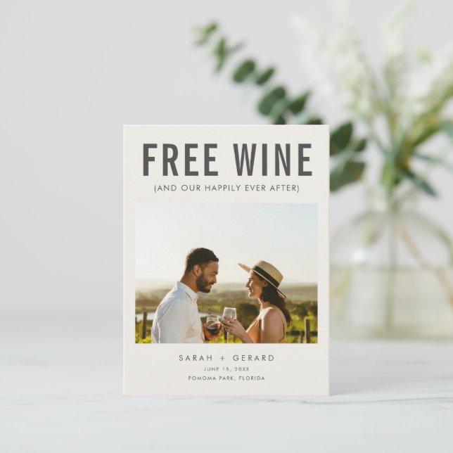 Free Wine (and Our Happily Ever After) Wedding Announcement Postcard (Standing Front)