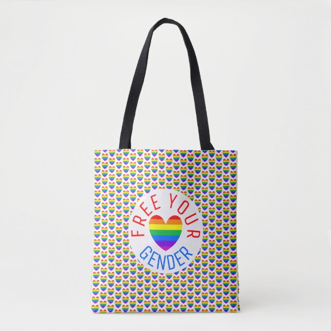 Free your Gender, Rainbow Heart Tote Bag (Front)
