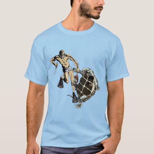 Freediving Diver Fighting a Turtle for a Lobster T_Shirt
