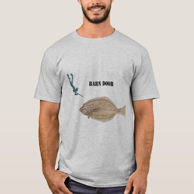Freediving Spearfishing Diver and a Large Halibut T-Shirt (Front)
