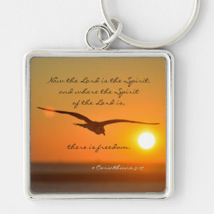 Freedom Bible Verse, Bird Flying at Sunset Keychain