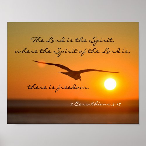 Freedom Bible Verse Bird Flying at Sunset Poster
