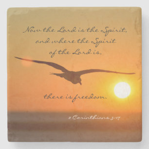 Freedom Bible Verse, Bird Flying at Sunset Stone Coaster