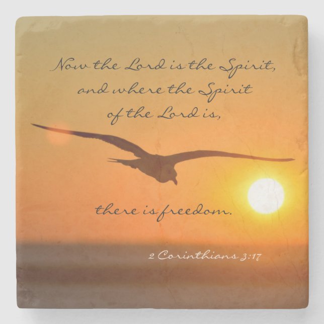 Freedom Bible Verse, Bird Flying at Sunset Stone Coaster (Front)