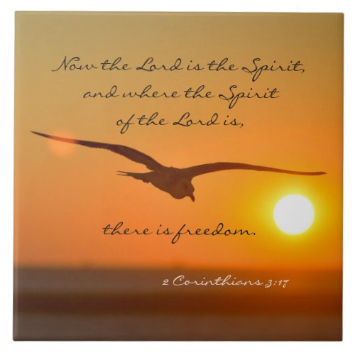 Freedom Bible Verse Bird Flying at Sunset Tile