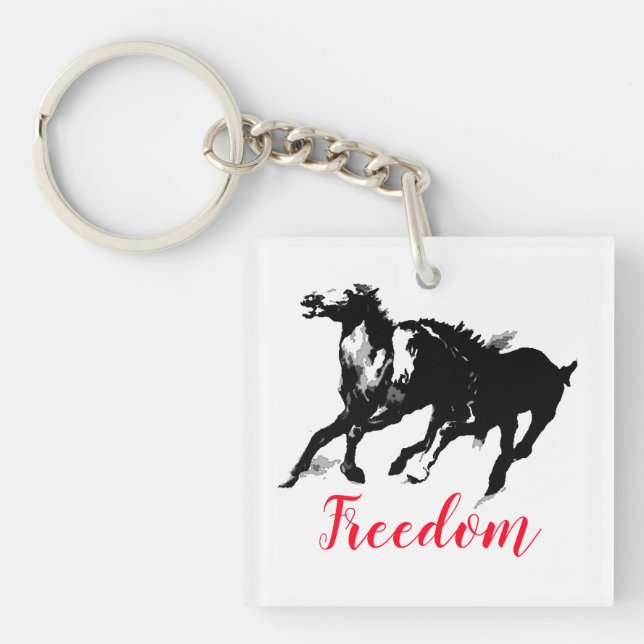 Freedom Black White Pop Art Running Horses Keychain (Front)