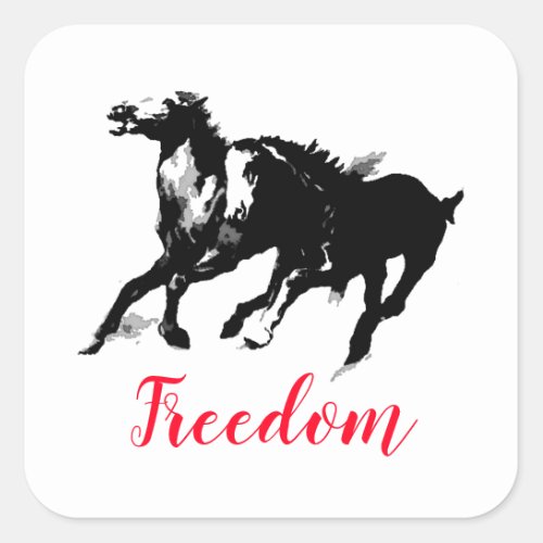 Freedom Black White Pop Art Running Horses Square Sticker
