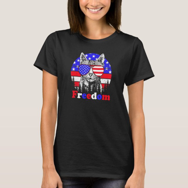 Freedom Cat American Flag 4th Of July T-Shirt (Front)