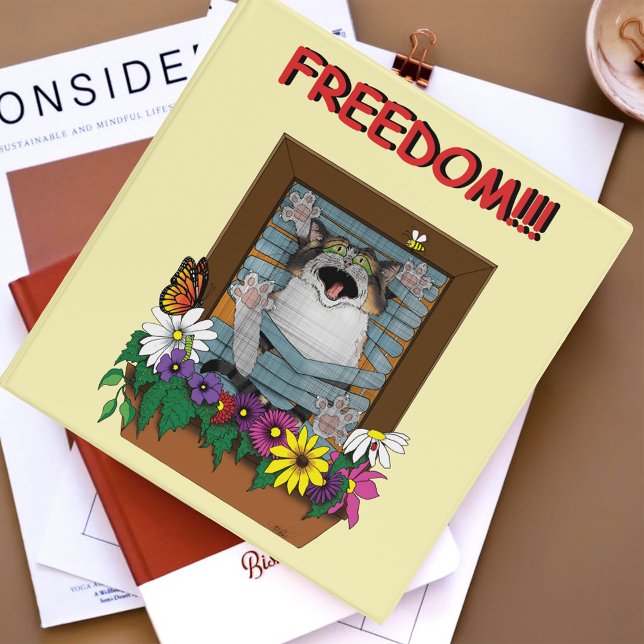 Freedom Escape Funny Cat Yellow Floral Window 3 Ring Binder (Creator Uploaded)