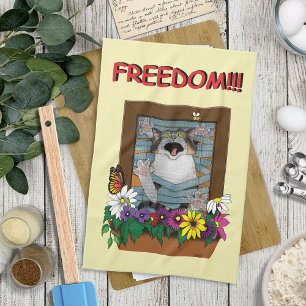 Freedom Escape Funny Cat Yellow Floral Window Kitchen Towel