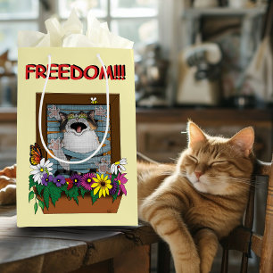 Freedom Escape Funny Cat Yellow Floral Window Medium Gift Bag
