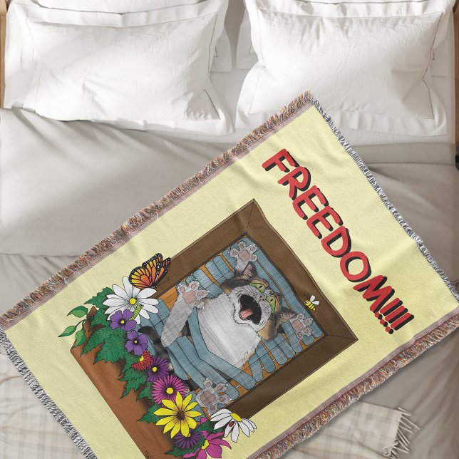 Freedom Escape Funny Cat Yellow Floral Window Throw Blanket (Creator Uploaded)