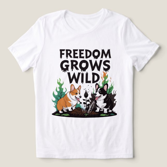 Freedom Grows Wild – Scary Corgi Gardening Cartoon Tri-Blend Shirt (Design Front)