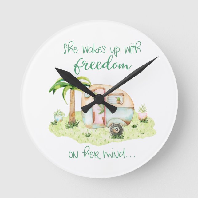"Freedom on her Mind" - Retro Camper Caravan Round Clock (Front)