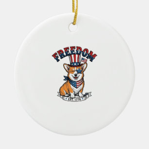 Freedom Patriotic Corgi Vintage Engraving T-Shirt_ Ceramic Ornament