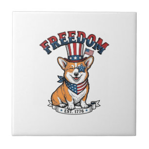 Freedom Patriotic Corgi Vintage Engraving T-Shirt_ Ceramic Tile