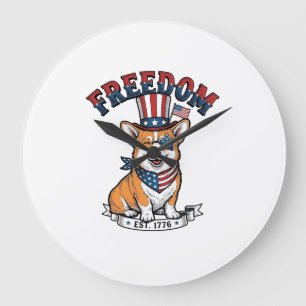 Freedom Patriotic Corgi Vintage Engraving T-Shirt_ Large Clock