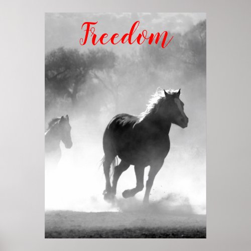 Freedom Red Black White Running Horses Poster