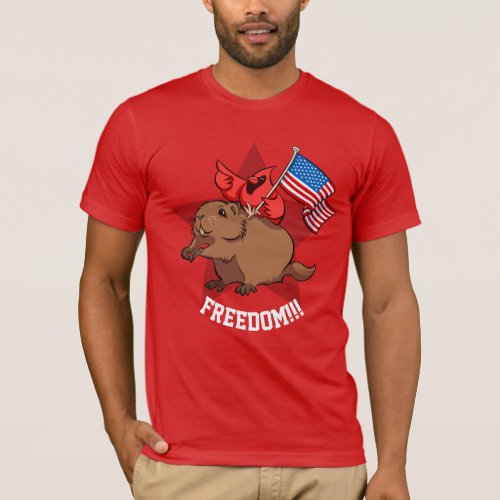 FREEDOM Red Cardinal On Groundhog USA Flag  T_Shirt