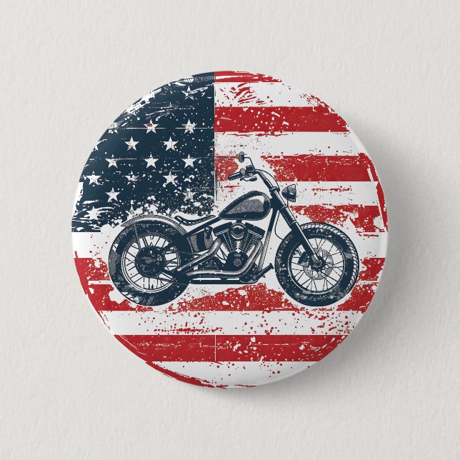 Freedom Ride: Retro Motorcycle and American Flag  Button (Front)
