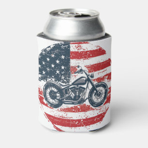 Freedom Ride: Retro Motorcycle and American Flag  Can Cooler