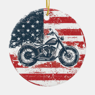 Freedom Ride: Retro Motorcycle and American Flag  Ceramic Ornament