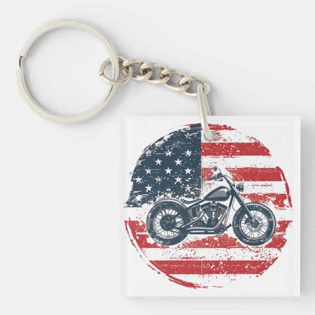 Freedom Ride: Retro Motorcycle and American Flag  Keychain (Front)