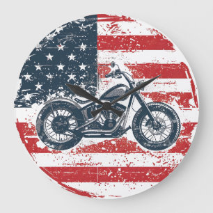 Freedom Ride: Retro Motorcycle and American Flag  Large Clock