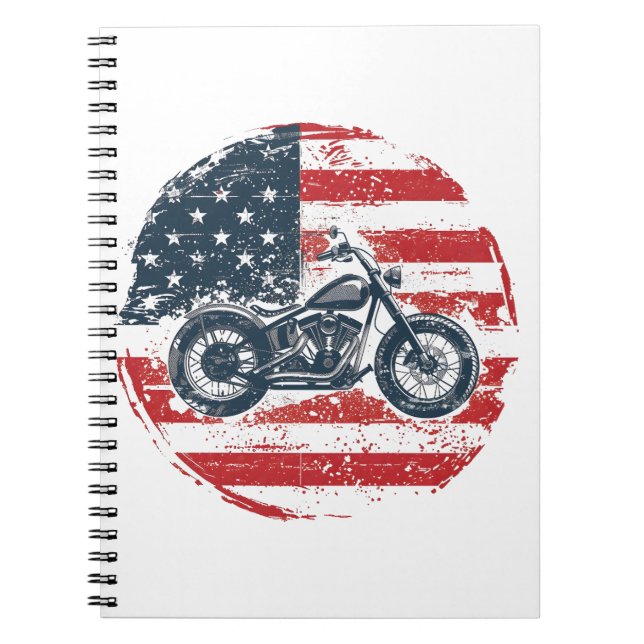 Freedom Ride: Retro Motorcycle and American Flag  Notebook (Front)