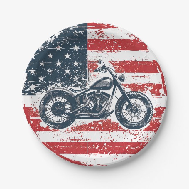 Freedom Ride: Retro Motorcycle and American Flag  Paper Plates (Front)