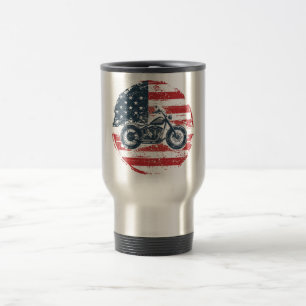 Freedom Ride: Retro Motorcycle and American Flag Travel Mug