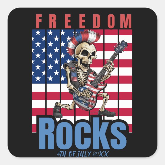Freedom Rocks Skeleton with Guitar American Flag Square Sticker (Front)