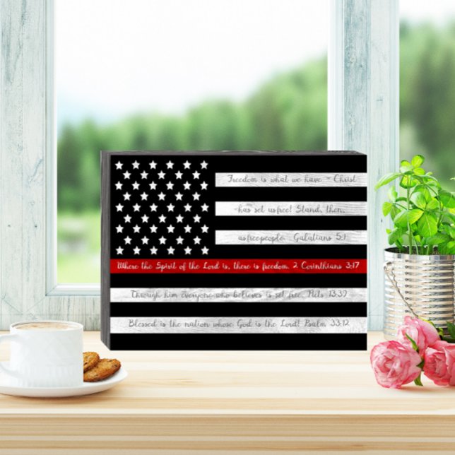 Freedom Scriptures Firefighter Red Line Flag Wooden Box Sign (Creator Uploaded)
