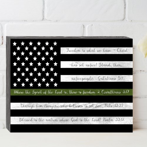 Freedom Scriptures Military Green Line Flag Wooden Box Sign