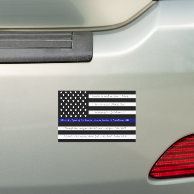 Freedom Scriptures Police Blue Line Flag Car Magnet (In Situ)