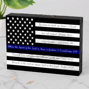 Freedom Scriptures Police Blue Line Flag Wooden Box Sign