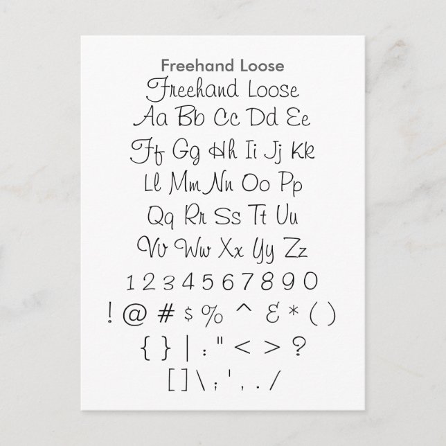 Freehand Loose - Zazzle Font Sampler Sheet Postcard (Front)