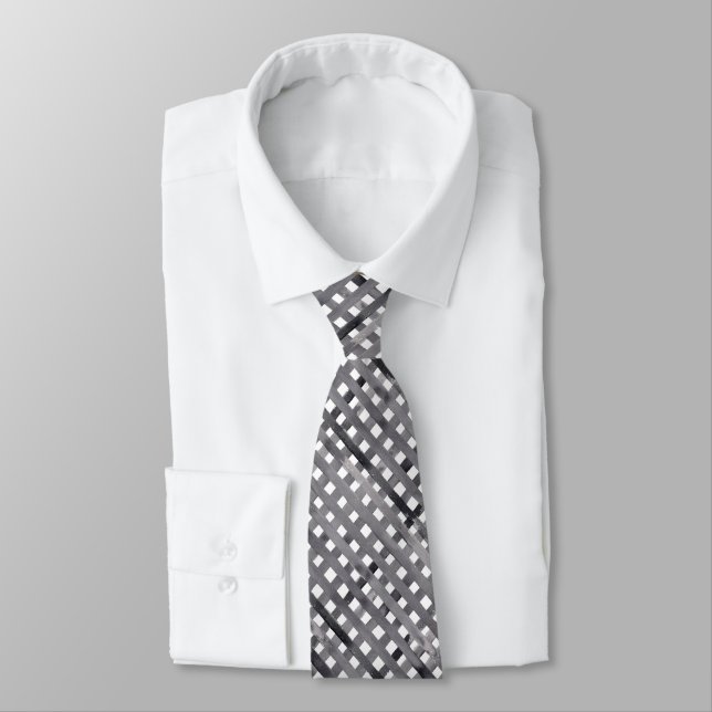 Freehand Painted Black Gray White Lines Neck Tie (Tied)