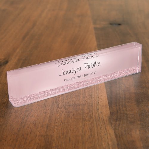 Freehand Script Rose Gold Glitter Classy Template Desk Name Plate