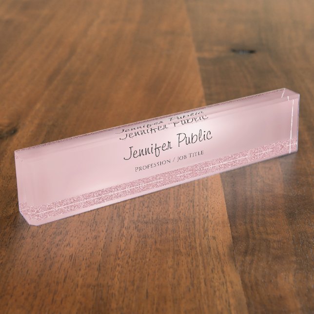 Freehand Script Rose Gold Glitter Classy Template Desk Name Plate (Side)