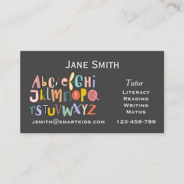 Freelance literacy tutor or teacher alphabet business card (Front)